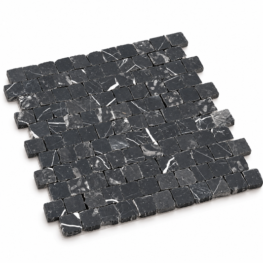 Nero Marquina Honed Marble Rustic Edge Square Mosaic Tile — angled sheet showing broken stone edges and mesh backing