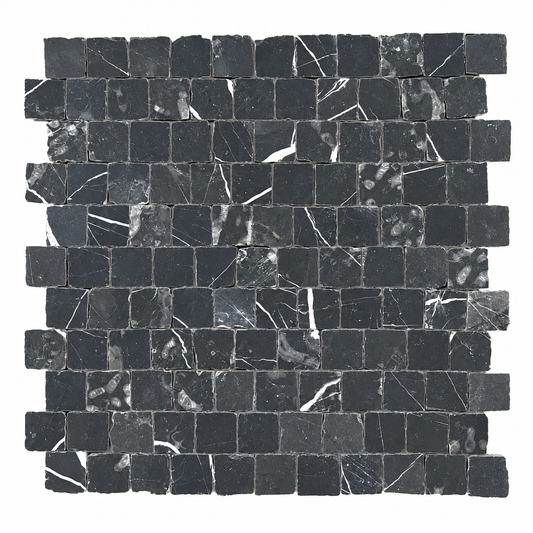 Nero Marquina Honed Marble Rustic Edge Square Mosaic Tile — complete rustic-edge square mosaic sheet on white
