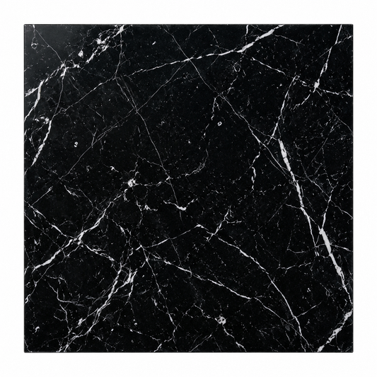 Nero Marquina polished black marble tile with white veining, front view