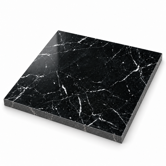 Nero Marquina marble tile with polished face and raw sawn edges, angled view