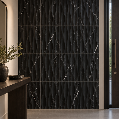 Nero Marquina Wave Marble Tile: installed on an entrance accent wall