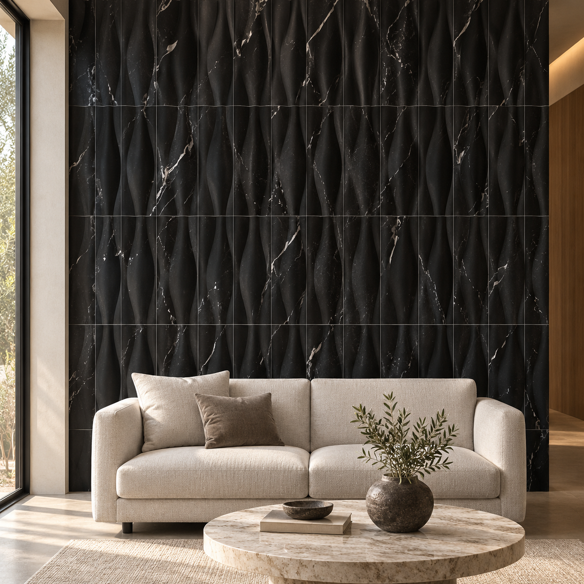 Nero Marquina Wave Marble Tile: installed on a living room feature wall