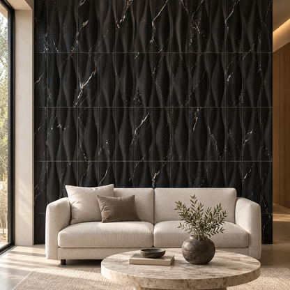 Nero Marquina Wave Marble Tile: installed on a living room feature wall