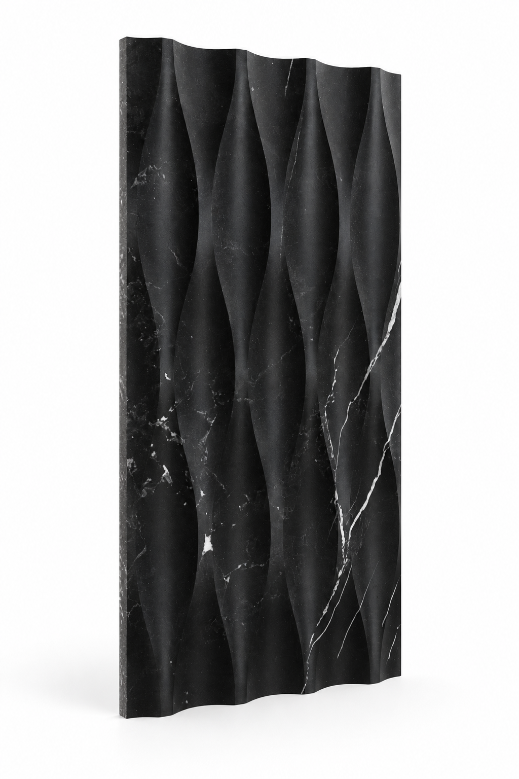 Nero Marquina Wave Marble Tile: angled view showing natural stone face and thin raw sawn edges