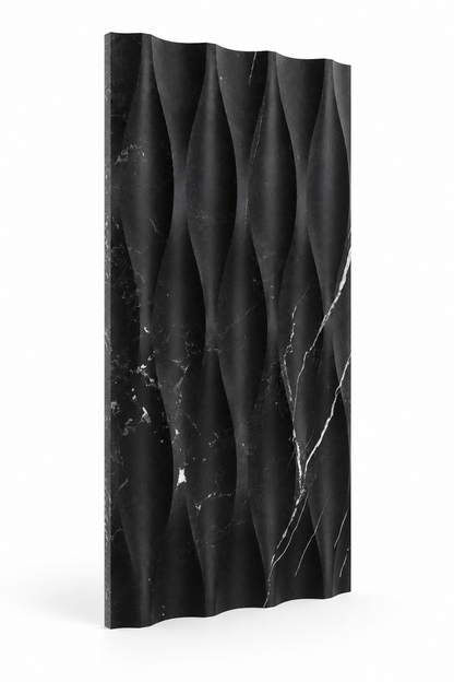 Nero Marquina Wave Marble Tile: angled view showing natural stone face and thin raw sawn edges