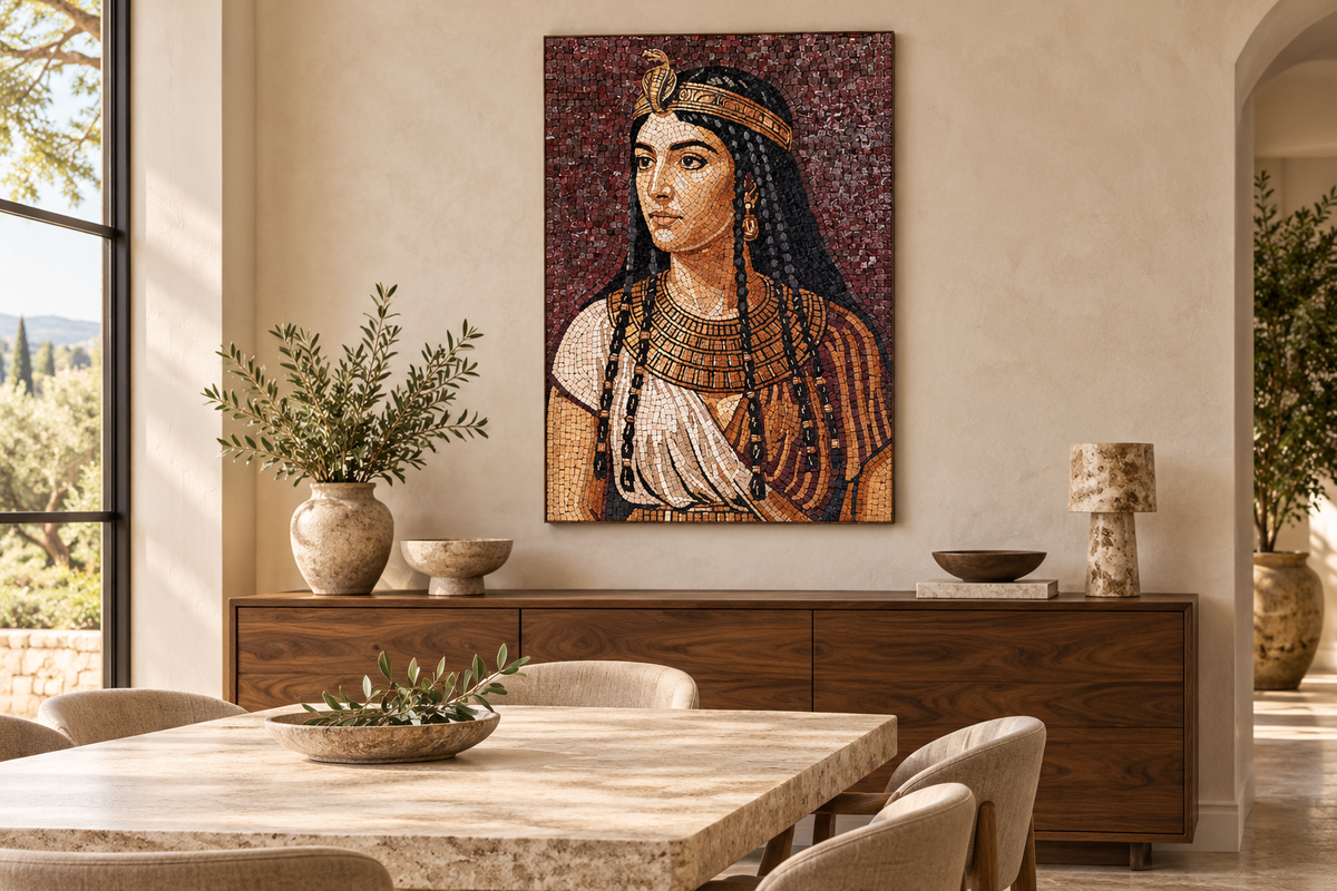 AI-generated home dining room concept showing The Majesty of the Nile mosaic art panel