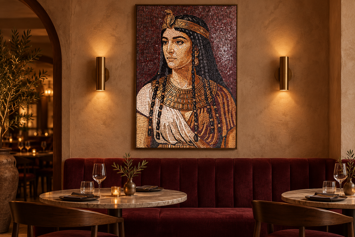 AI-generated restaurant interior concept showing The Majesty of the Nile above a burgundy banquette