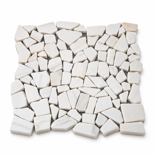Pebble Dolomite Tumbled Marble Mosaic Tile — angled sheet showing stone edges and mesh backing