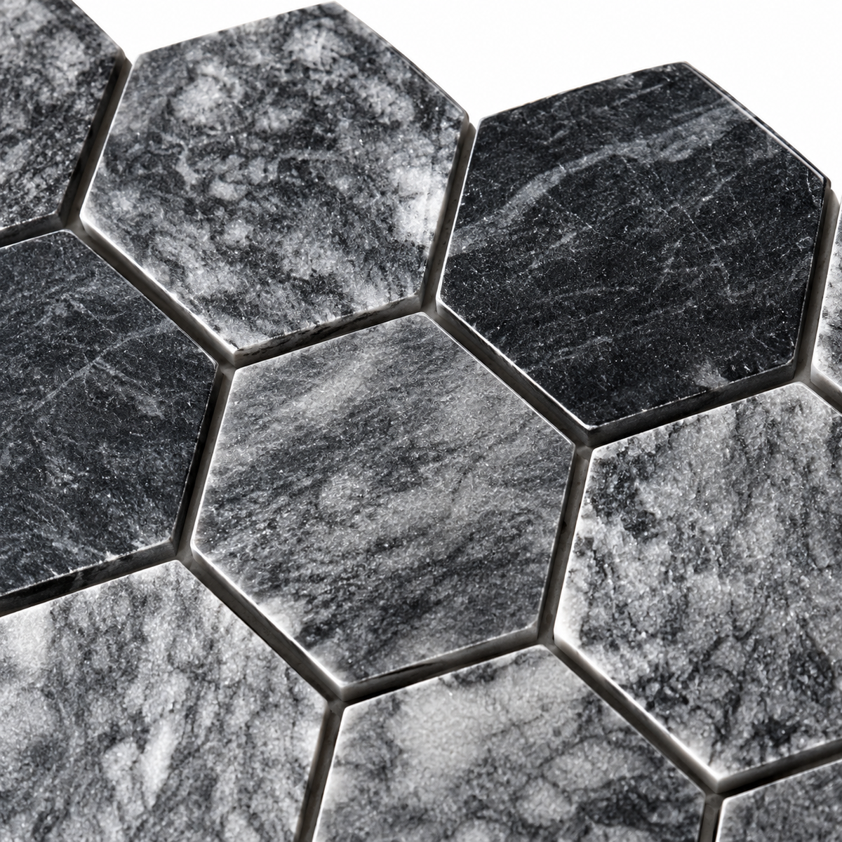 Platinum Black Polished Marble Hexagon Mosaic Tiles — macro detail of polished marble and mosaic joints