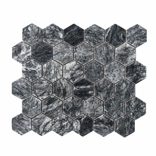 Platinum Black Polished Marble Hexagon Mosaic Tiles — complete mesh-mounted sheet on white