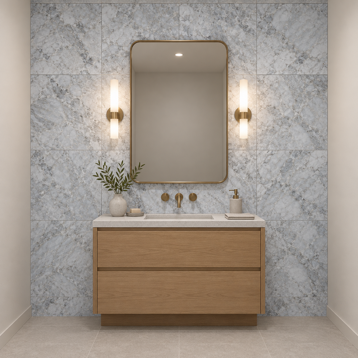 Platinum Grey Honed Marble Wall & Floor Tiles: installed on a windowless bathroom vanity wall