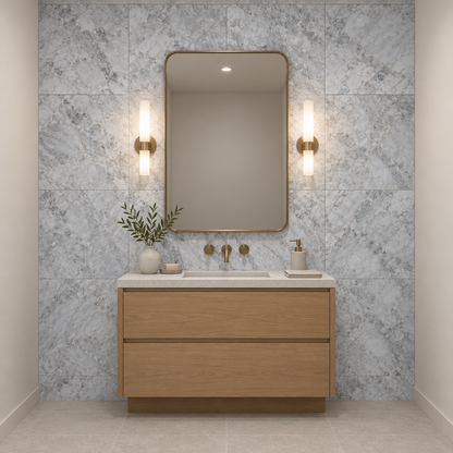 Platinum Grey Honed Marble Wall & Floor Tiles: installed on a windowless bathroom vanity wall