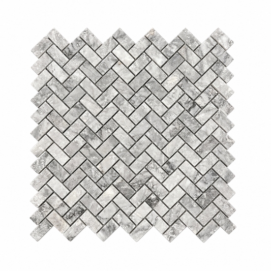 Platinum Grey Honed Marble Herringbone Mosaic Tiles — complete mesh-mounted sheet on white