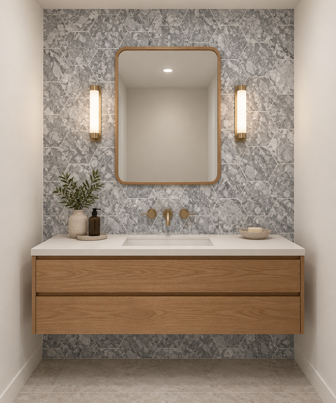 Platinum Grey Honed Hexagon Marble Wall & Floor Tiles: installed on a windowless bathroom vanity wall