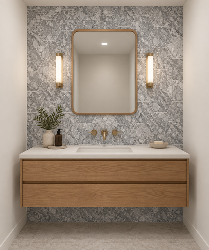 Platinum Grey Honed Hexagon Marble Wall & Floor Tiles: installed on a windowless bathroom vanity wall