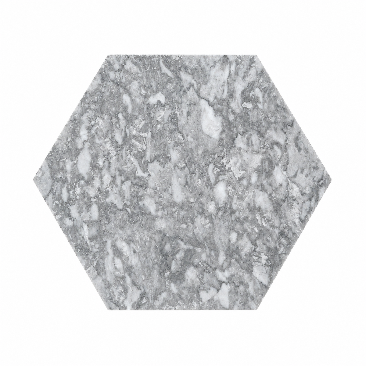 Platinum Grey Honed Hexagon Marble Wall & Floor Tiles: front view showing its natural marble face