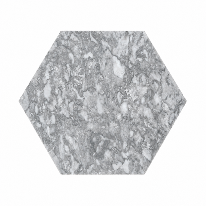 Platinum Grey Honed Hexagon Marble Wall & Floor Tiles: front view showing its natural marble face
