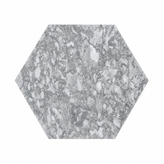 Platinum Grey Honed Hexagon Marble Wall & Floor Tiles: front view showing its natural marble face