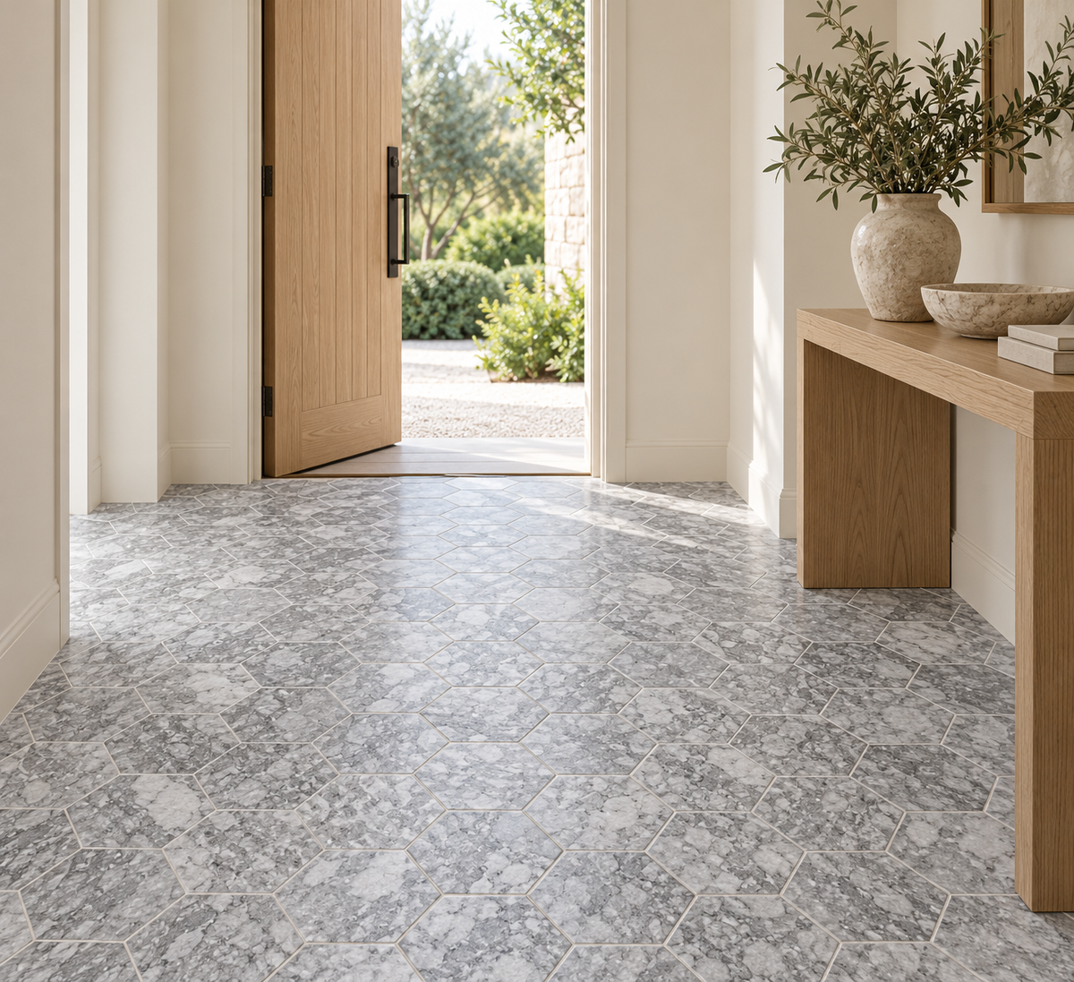 Platinum Grey Honed Hexagon Marble Wall & Floor Tiles: installed on an entrance hallway floor