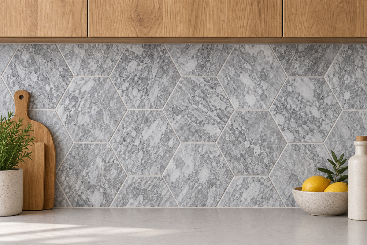 Platinum Grey Honed Hexagon Marble Wall & Floor Tiles: installed as a kitchen splashback
