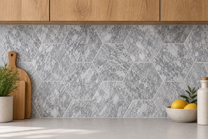 Platinum Grey Honed Hexagon Marble Wall & Floor Tiles: installed as a kitchen splashback