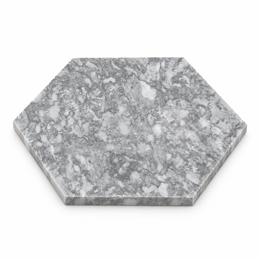 Platinum Grey Honed Hexagon Marble Wall & Floor Tiles: angled view showing the marble face and raw sawn edges