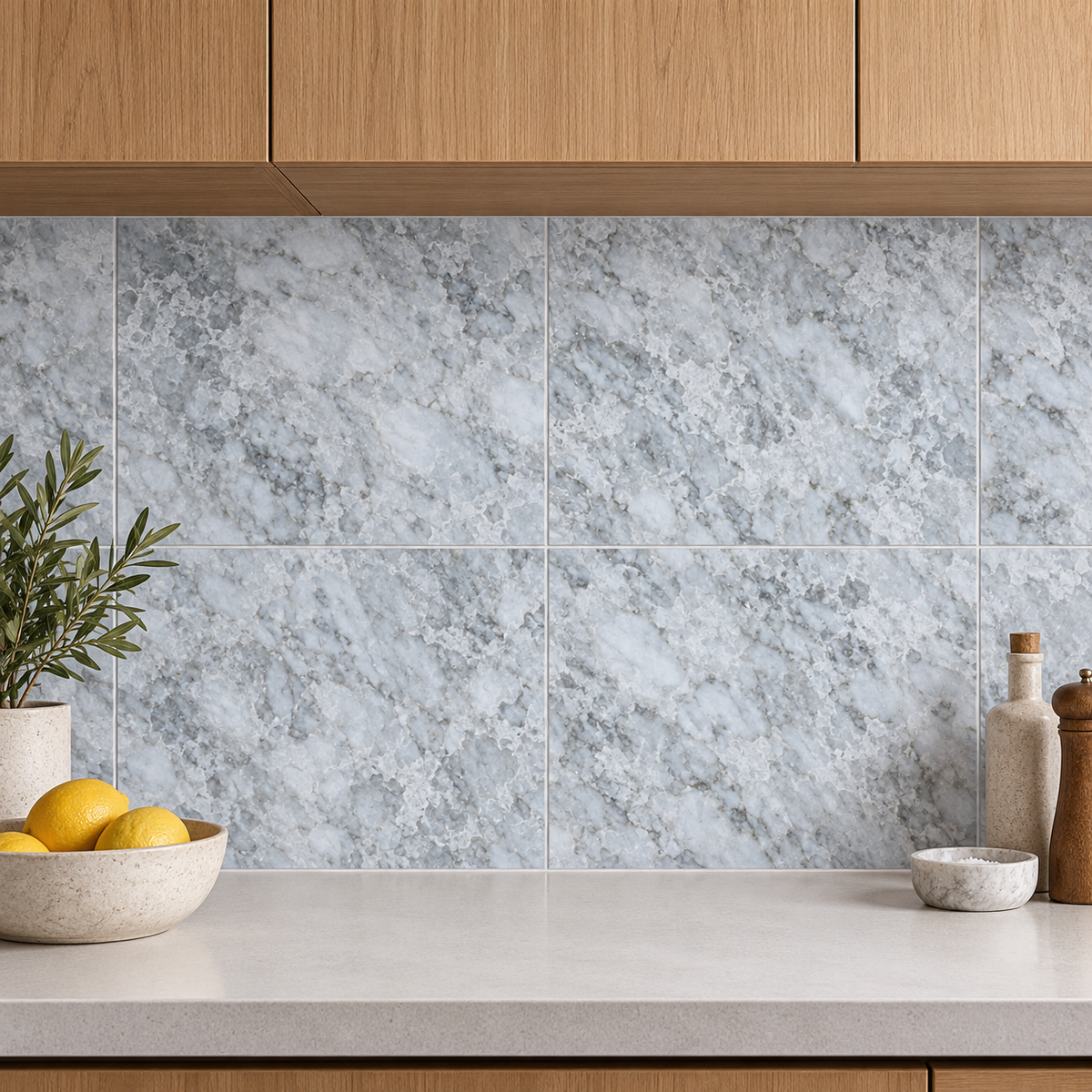 Platinum Grey Honed Marble Wall & Floor Tiles: installed as a kitchen splashback