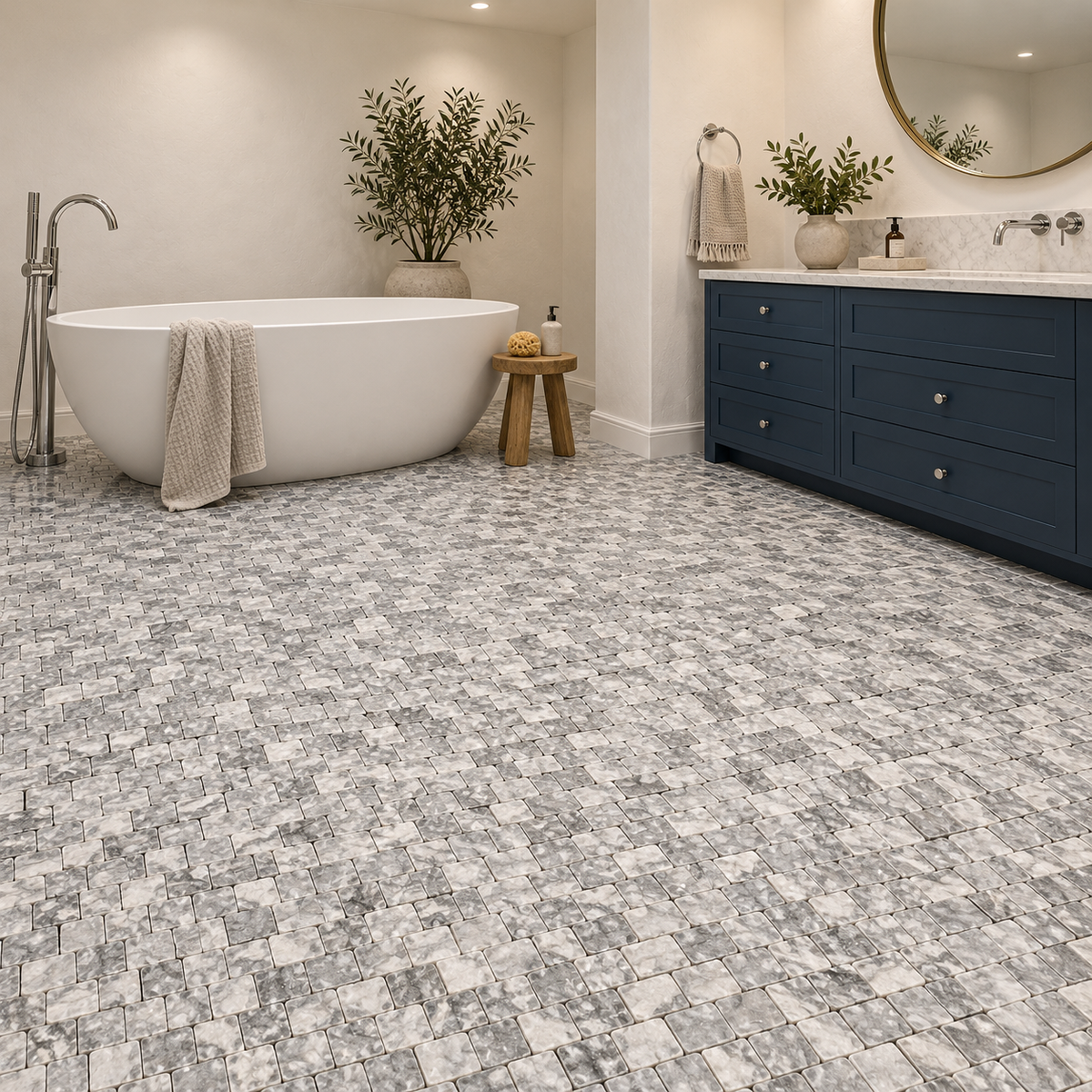 Platinum Grey Honed Marble Rustic Edge Square Mosaic Tile — mosaic floor in a windowless bathroom