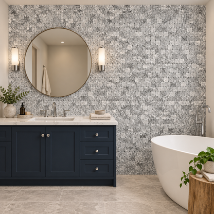 Platinum Grey Honed Marble Rustic Edge Square Mosaic Tile — mosaic feature wall in a windowless bathroom