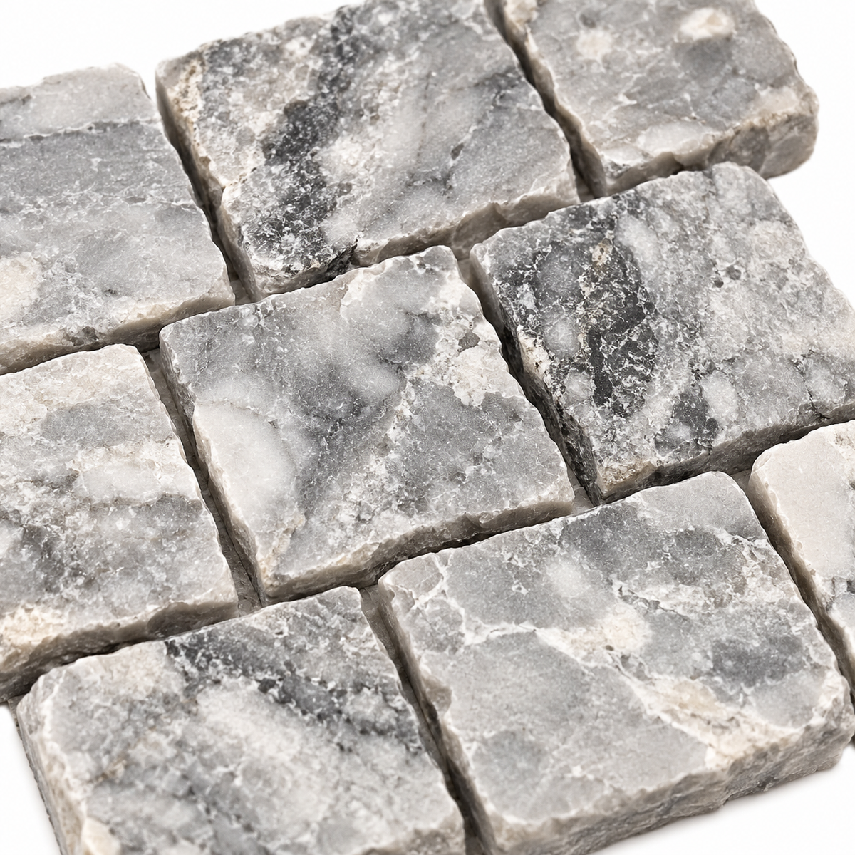 Platinum Grey Honed Marble Rustic Edge Square Mosaic Tile — macro detail of natural stone texture and mosaic joints