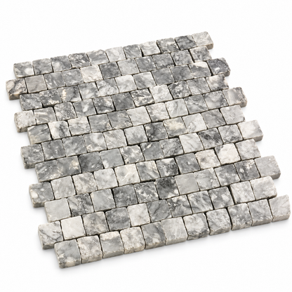 Platinum Grey Honed Marble Rustic Edge Square Mosaic Tile — angled sheet showing natural stone edges and mesh backing