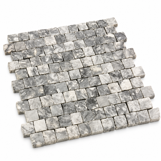 Platinum Grey Honed Marble Rustic Edge Square Mosaic Tile — angled sheet showing natural stone edges and mesh backing