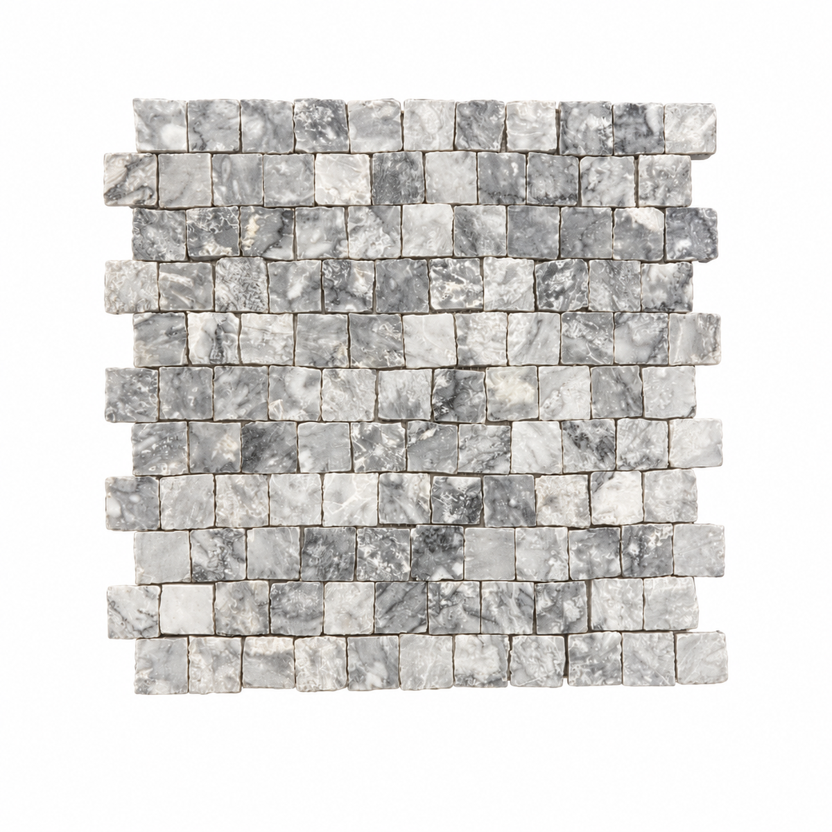 Platinum Grey Honed Marble Rustic Edge Square Mosaic Tile — complete mesh-mounted sheet on white