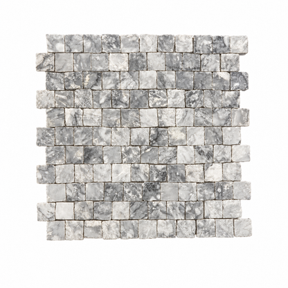 Platinum Grey Honed Marble Rustic Edge Square Mosaic Tile — complete mesh-mounted sheet on white