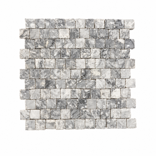 Platinum Grey Honed Marble Rustic Edge Square Mosaic Tile — complete mesh-mounted sheet on white