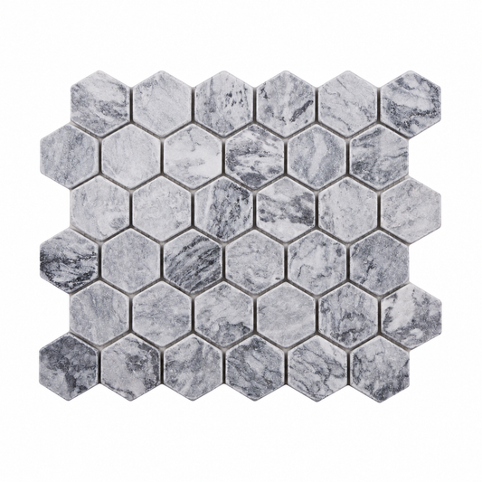 Platinum Grey Tumbled Marble Hexagon Mosaic Tile 48x48 — complete mesh-mounted sheet on white