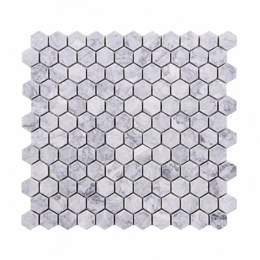 Platinum Grey Tumbled Marble Hexagon Mosaic Tiles — complete mesh-mounted sheet on white