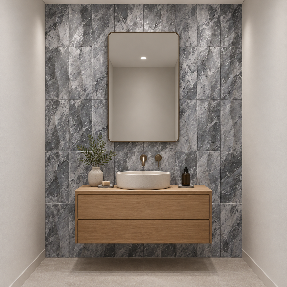 Platinum Grey Wave Marble Tile (305 mm x 610 mm): installed on a windowless bathroom vanity wall