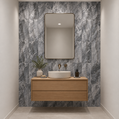 Platinum Grey Wave Marble Tile (305 mm x 610 mm): installed on a windowless bathroom vanity wall