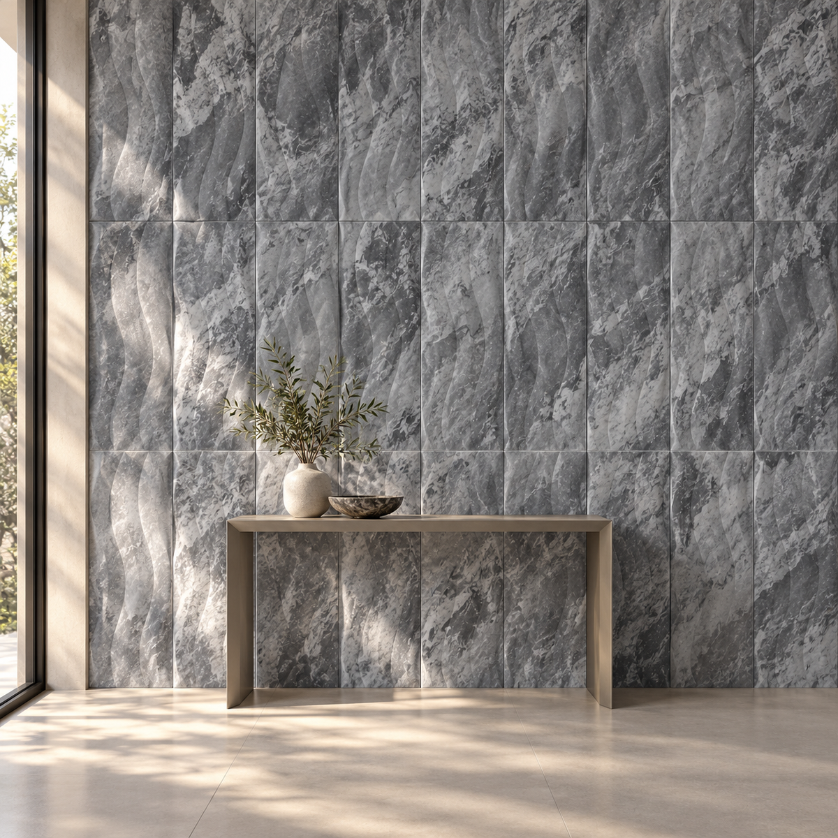 Platinum Grey Wave Marble Tile (305 mm x 610 mm): installed on an entrance accent wall