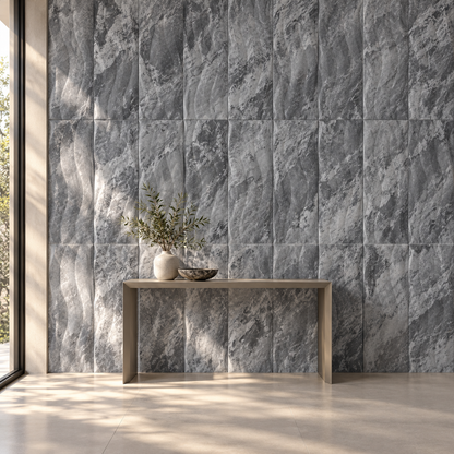 Platinum Grey Wave Marble Tile (305 mm x 610 mm): installed on an entrance accent wall