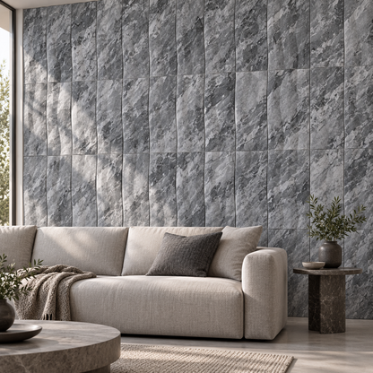 Platinum Grey Wave Marble Tile (305 mm x 610 mm): installed on a living room feature wall