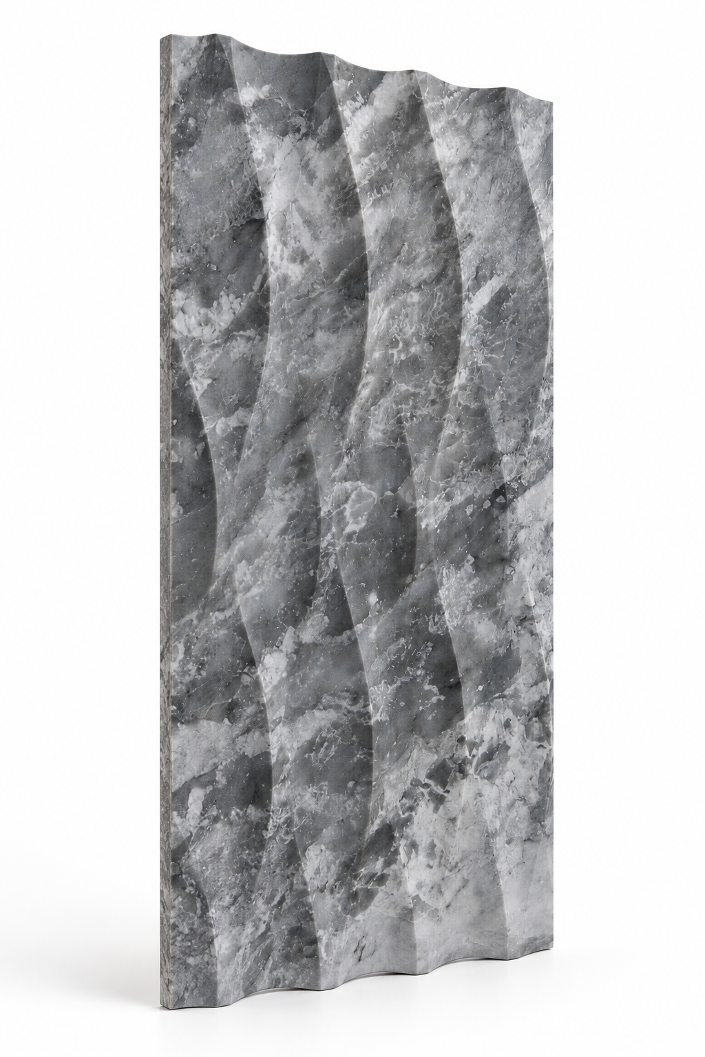 Platinum Grey Wave Marble Tile (305 mm x 610 mm): angled view showing the marble face and raw sawn edges