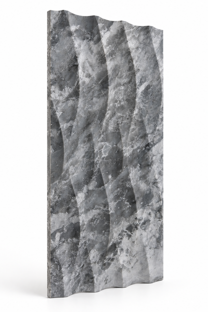 Platinum Grey Wave Marble Tile (305 mm x 610 mm): angled view showing the marble face and raw sawn edges