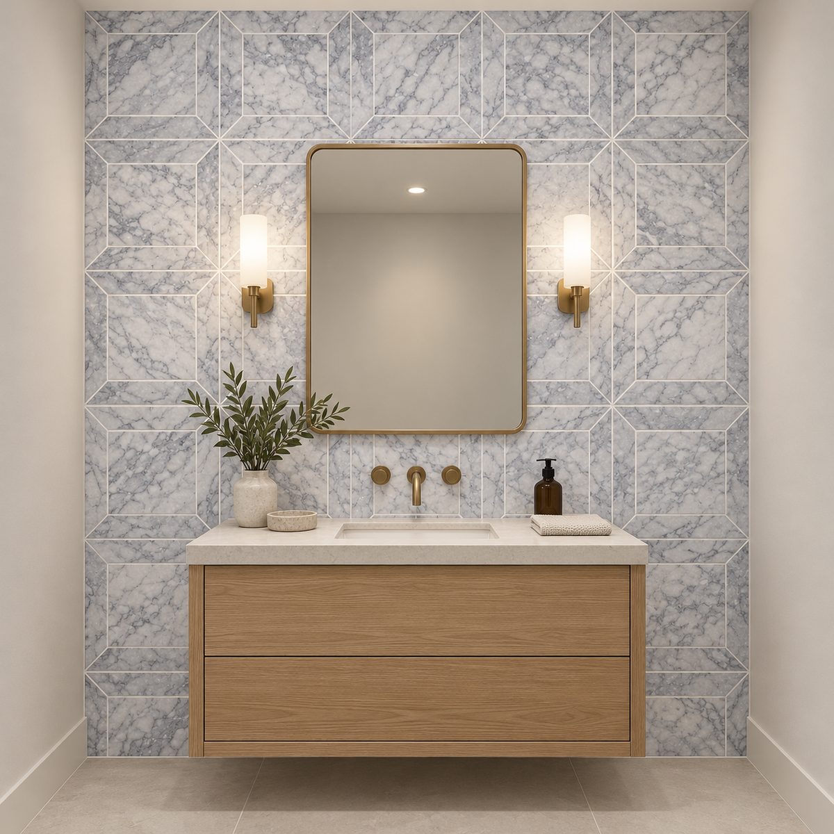 Platinum Grey Honed Marble Window Wall & Floor Tiles: installed on a windowless bathroom vanity wall