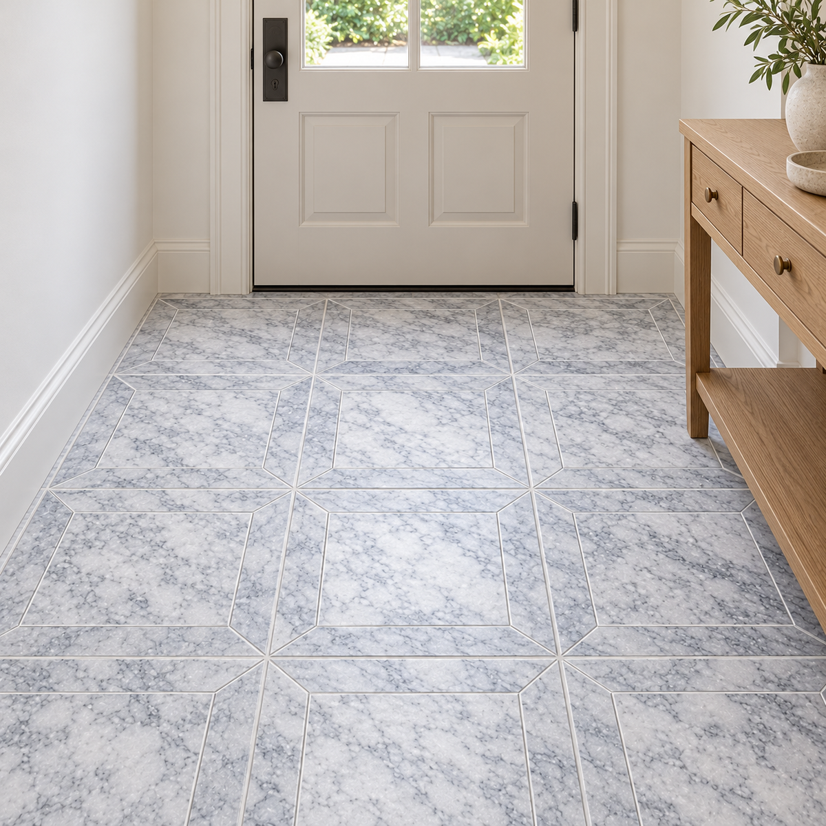 Platinum Grey Honed Marble Window Wall & Floor Tiles: installed on an entrance hallway floor