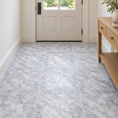 Platinum Grey Honed Marble Window Wall & Floor Tiles: installed on an entrance hallway floor