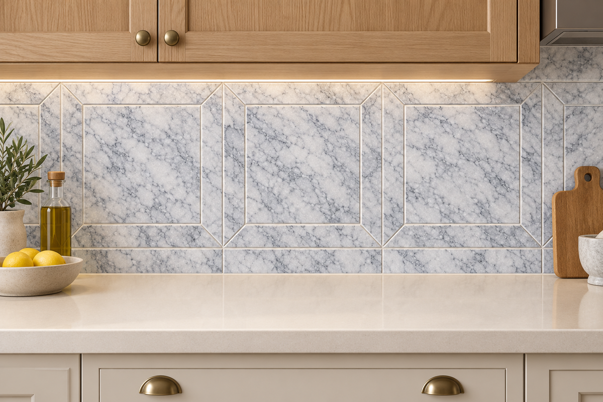 Platinum Grey Honed Marble Window Wall & Floor Tiles: installed as a kitchen splashback