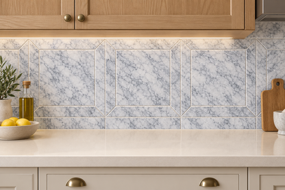 Platinum Grey Honed Marble Window Wall & Floor Tiles: installed as a kitchen splashback