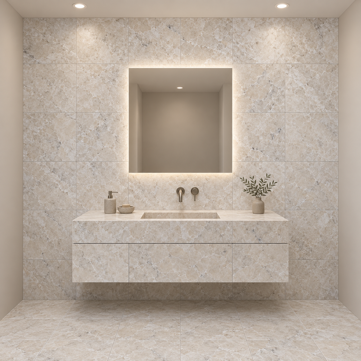 Platinum Honed Marble Wall & Floor Tiles: installed on a windowless bathroom vanity wall